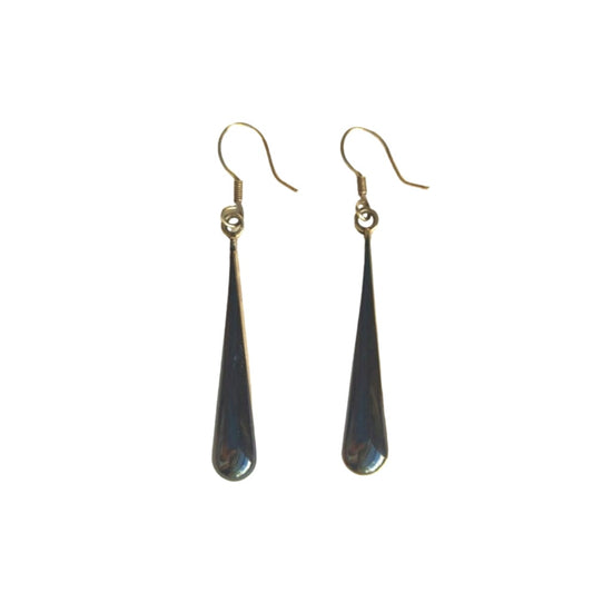 Vintage Mexico Black Onyx Inlaid Long Drop Earrings Sterling Silver 925 Hook