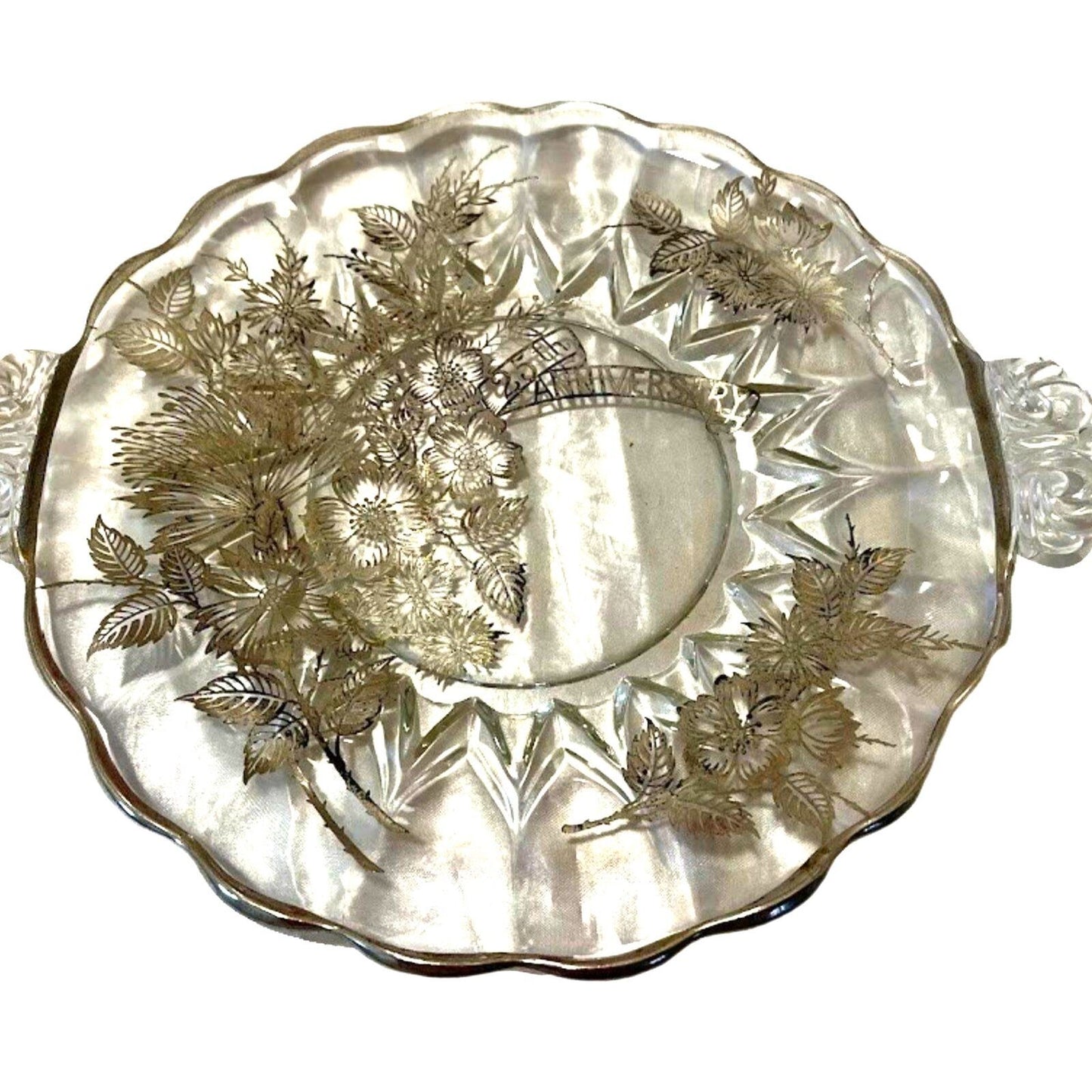 Vintage Serving Dish Platter Tray Crystal Glass Round Ornate Flower with Handles