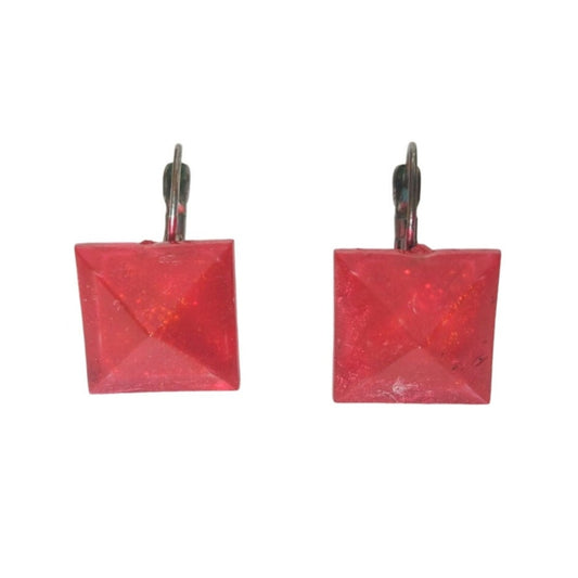 Vintage Red Square Plastic Stud Earrings Lever Back Silver Tone