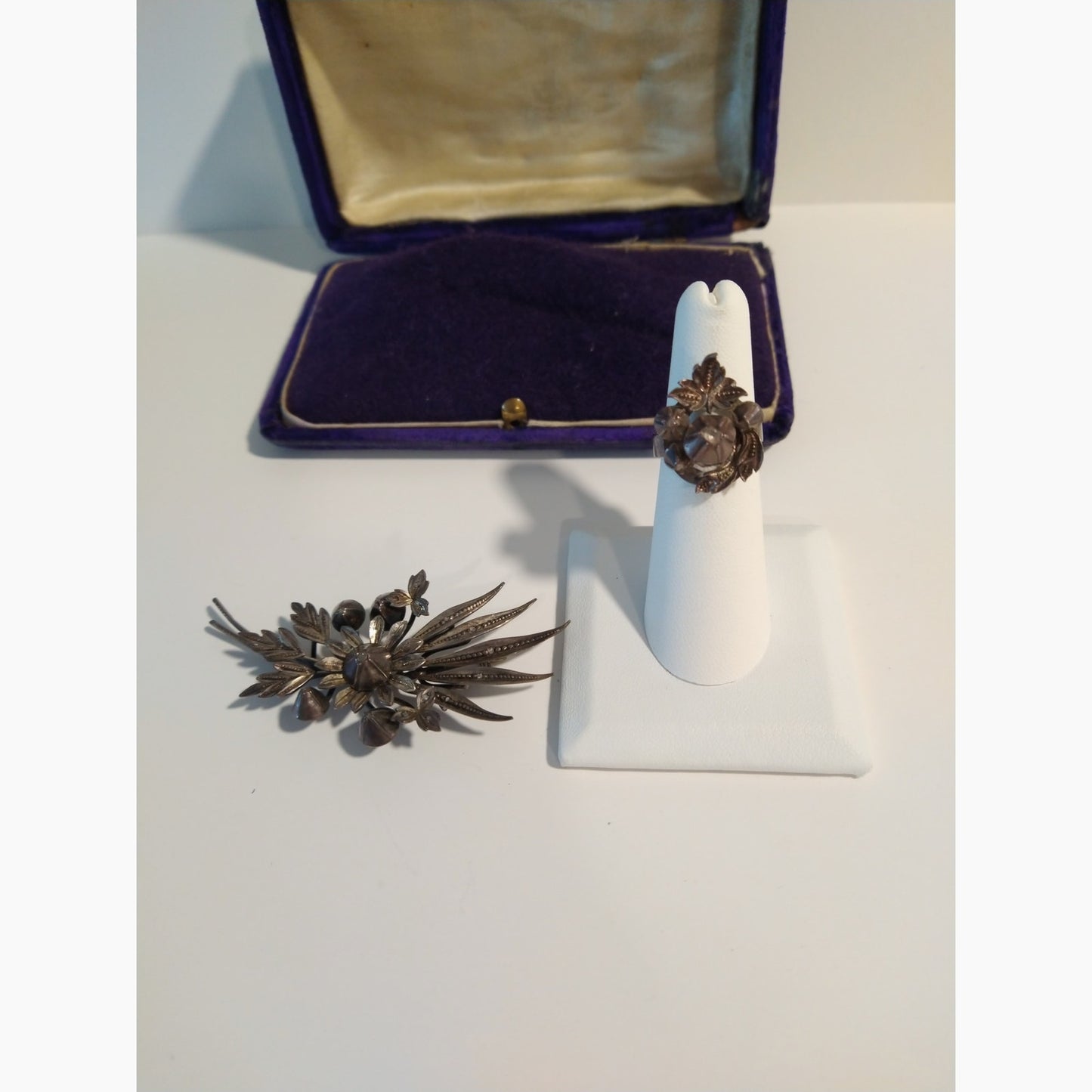 Victorian Antique Austrian Branch Brooch Ring Set Rose Cut Diamond Silver Leaf