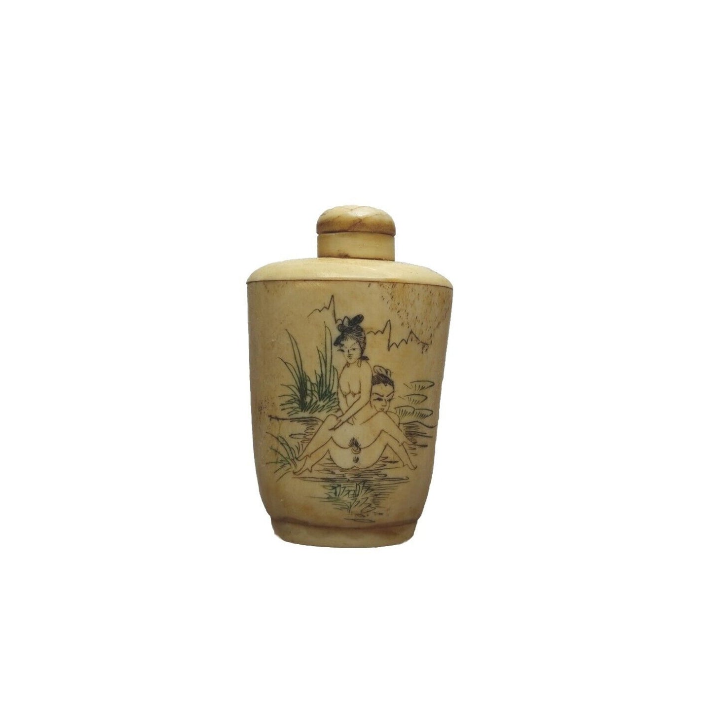 Antique Vintage Chinese Snuff Bottle With Scoop Beige Hand Painted