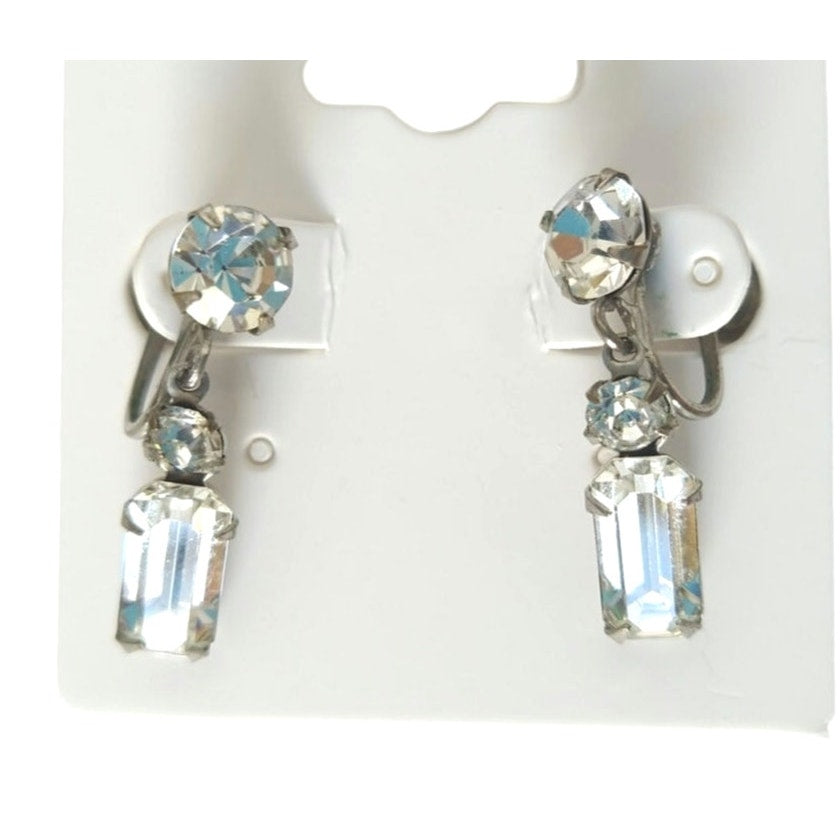 Vintage Baguette & Round Cut Rhinestones Dangle Earrings Silver Tone Screw Back