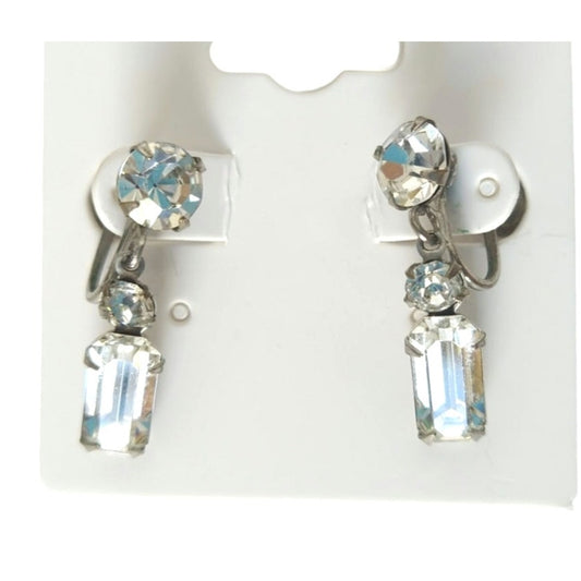 Vintage Baguette & Round Cut Rhinestones Dangle Earrings Silver Tone Screw Back