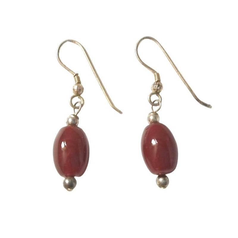 Vintage Red Jasper Bead Dangle Earrings Solid Sterling Silver 925 Hooks