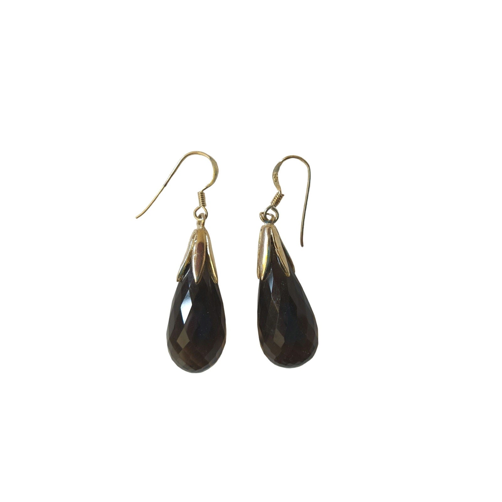 Faceted Smoky Quartz Teardrop Dangle Earrings Solid Sterling Silver 925