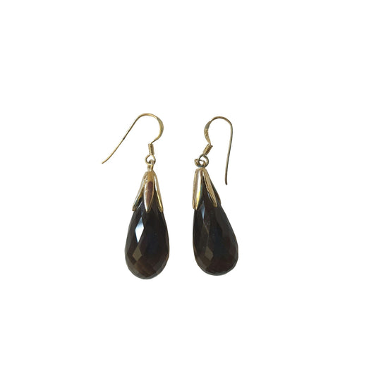 Faceted Smoky Quartz Teardrop Dangle Earrings Solid Sterling Silver 925