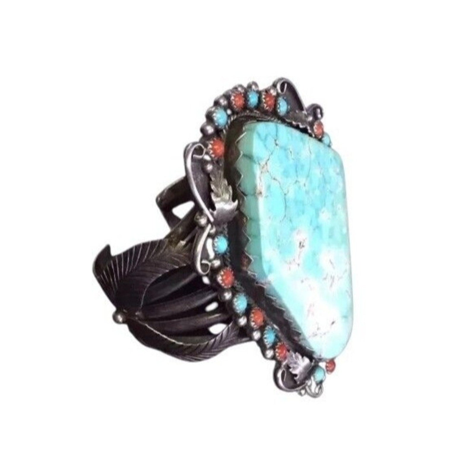 Antique Cuff Bracelet Green Turquoise Coral Sterling Silver Navajo Native Signed