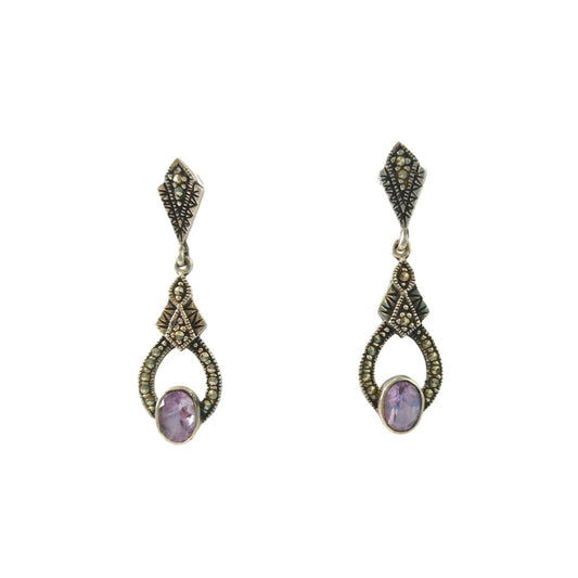 Art Deco Oval Cut Amethyst & Marcasite Dangle Earrings Sterling Silver 925 Post