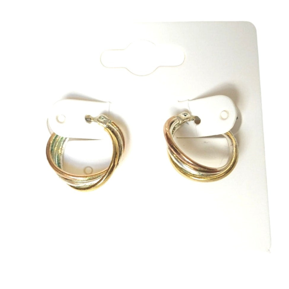 Vintage Rose Yellow Gold & Silver Triple Twist Hoop Earrings Hoops