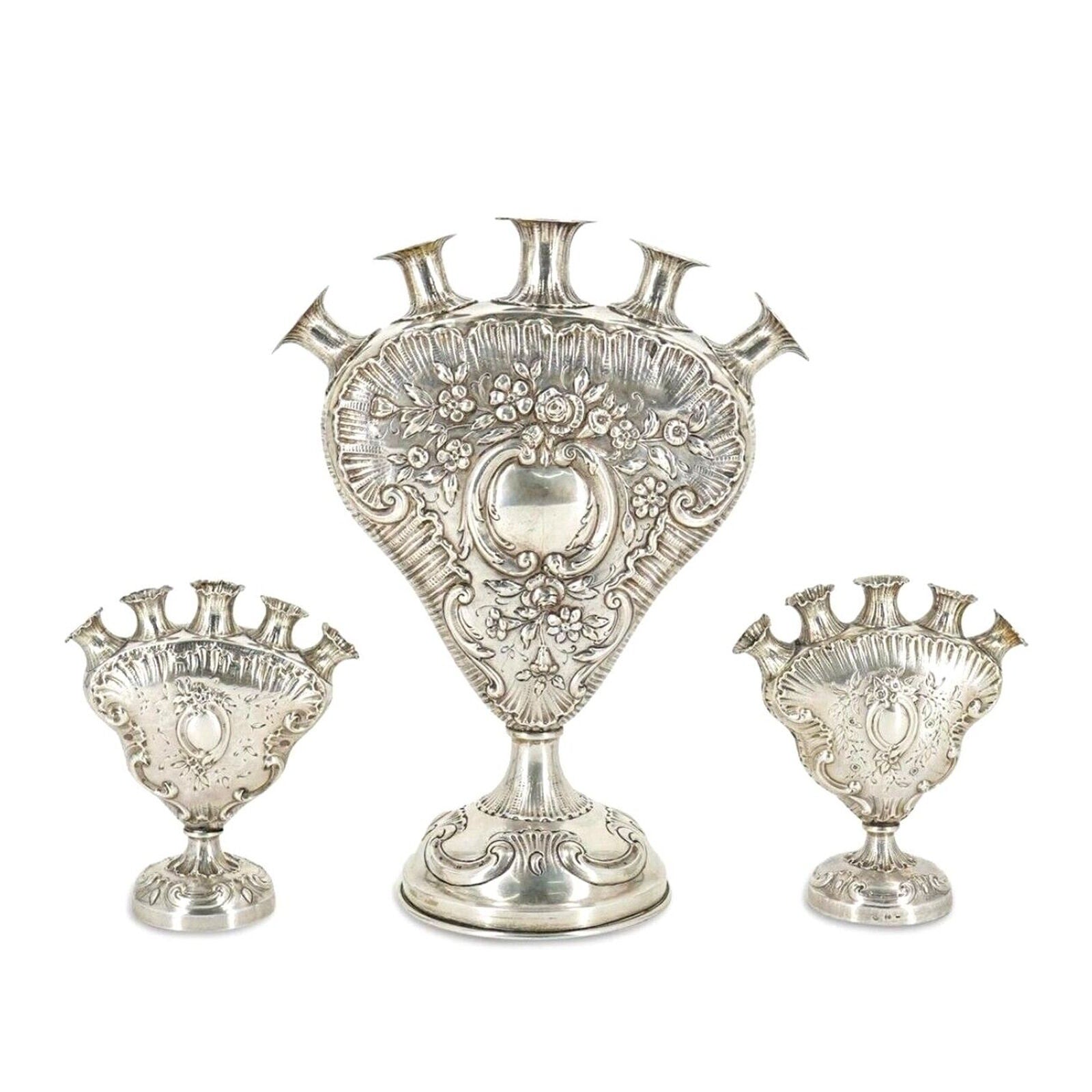 Rare Antique Set of 3 Ornate Rose Vases - Hanau Silver German Rococo 1800s