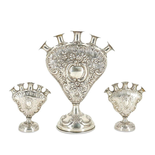 Rare Antique Set of 3 Ornate Rose Vases - Hanau Silver German Rococo 1800s