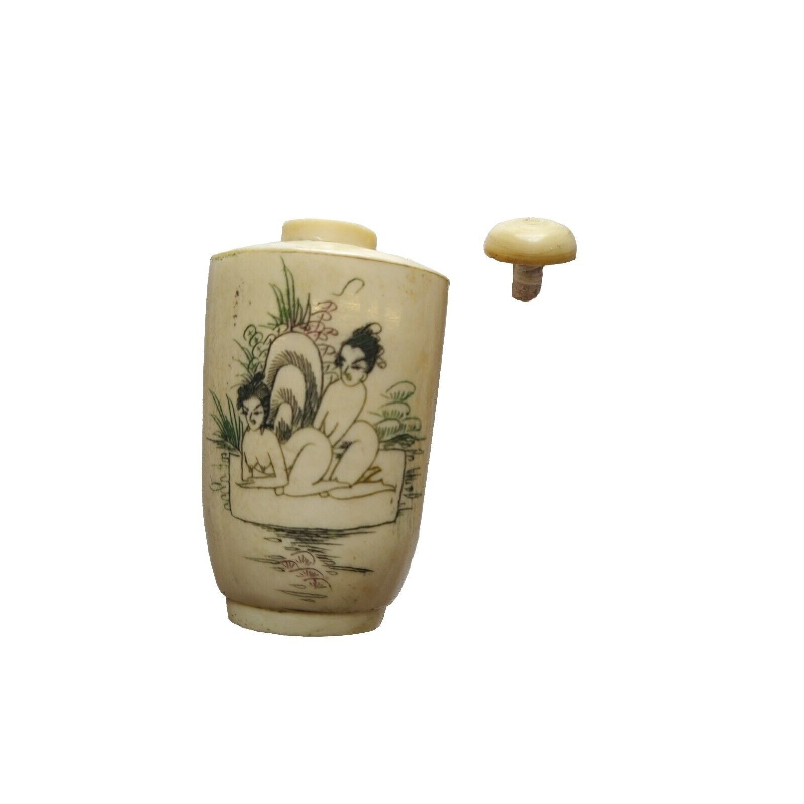 Antique Vintage Chinese Snuff Bottle With Scoop Beige Hand Painted