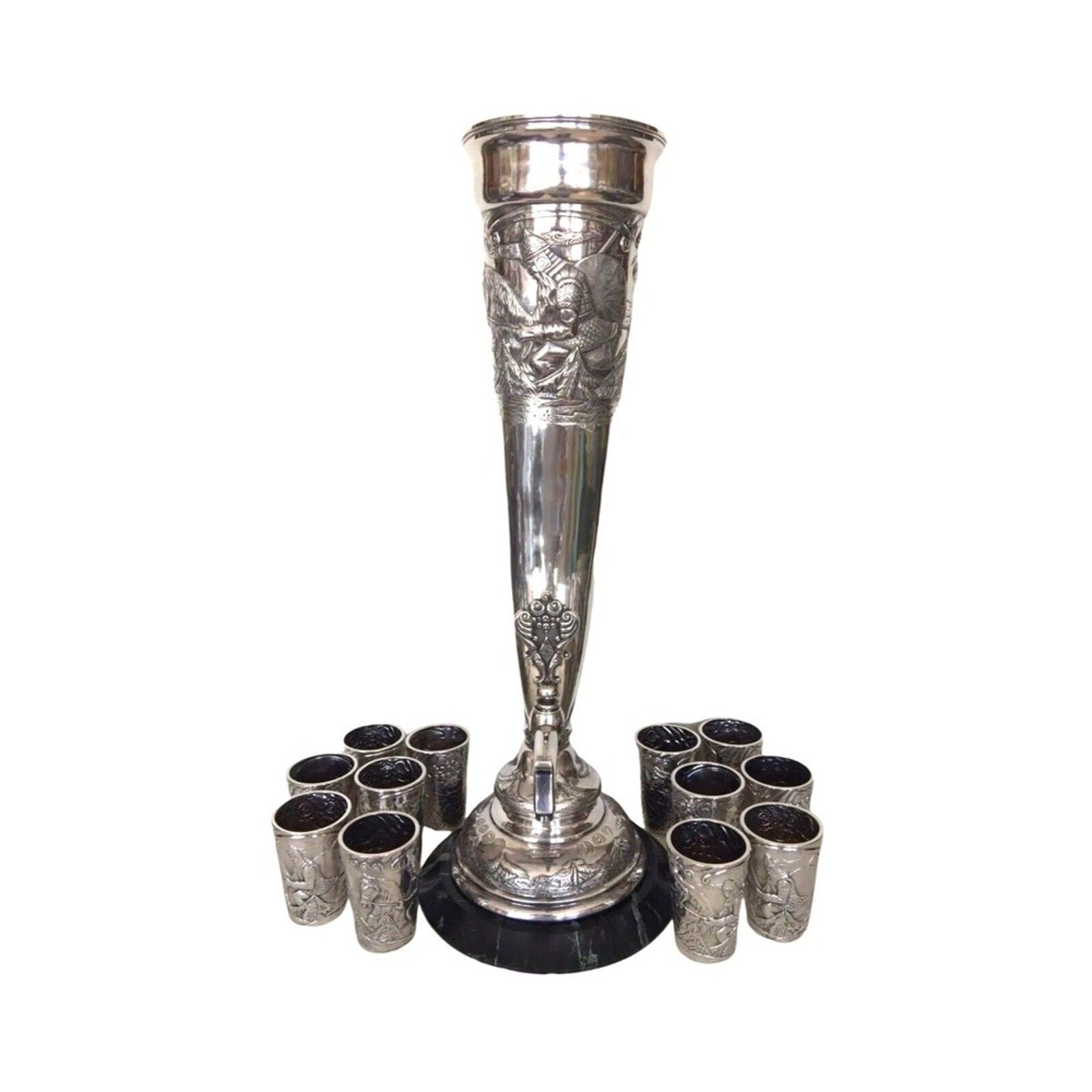 Antique Faberge Wine Horn Form Urn 12 Beakers Set 84 Silver Russian 1890s Set
