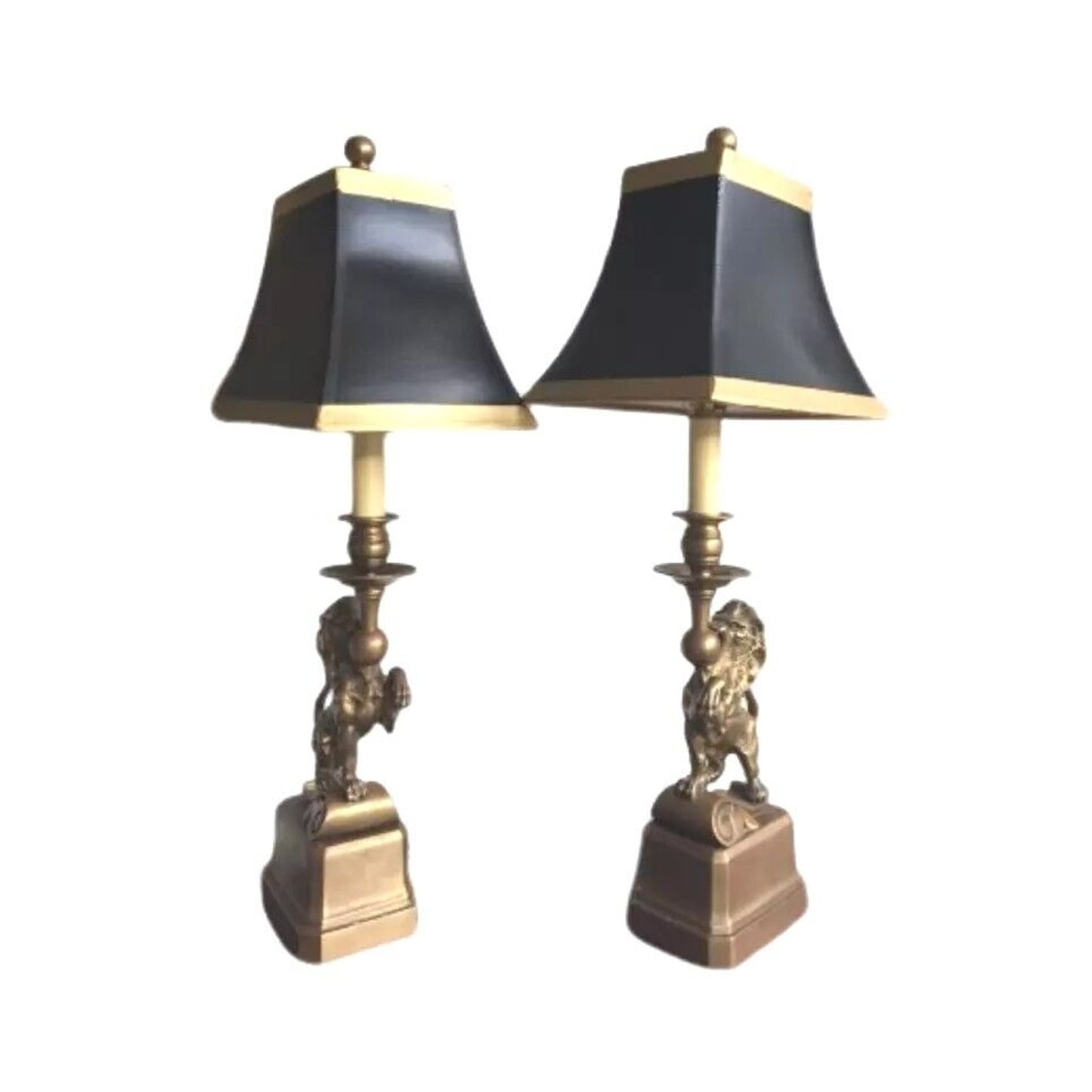 Art Deco French Table Lamp Brass Figural Prancing Lions Candelabra Black Shades