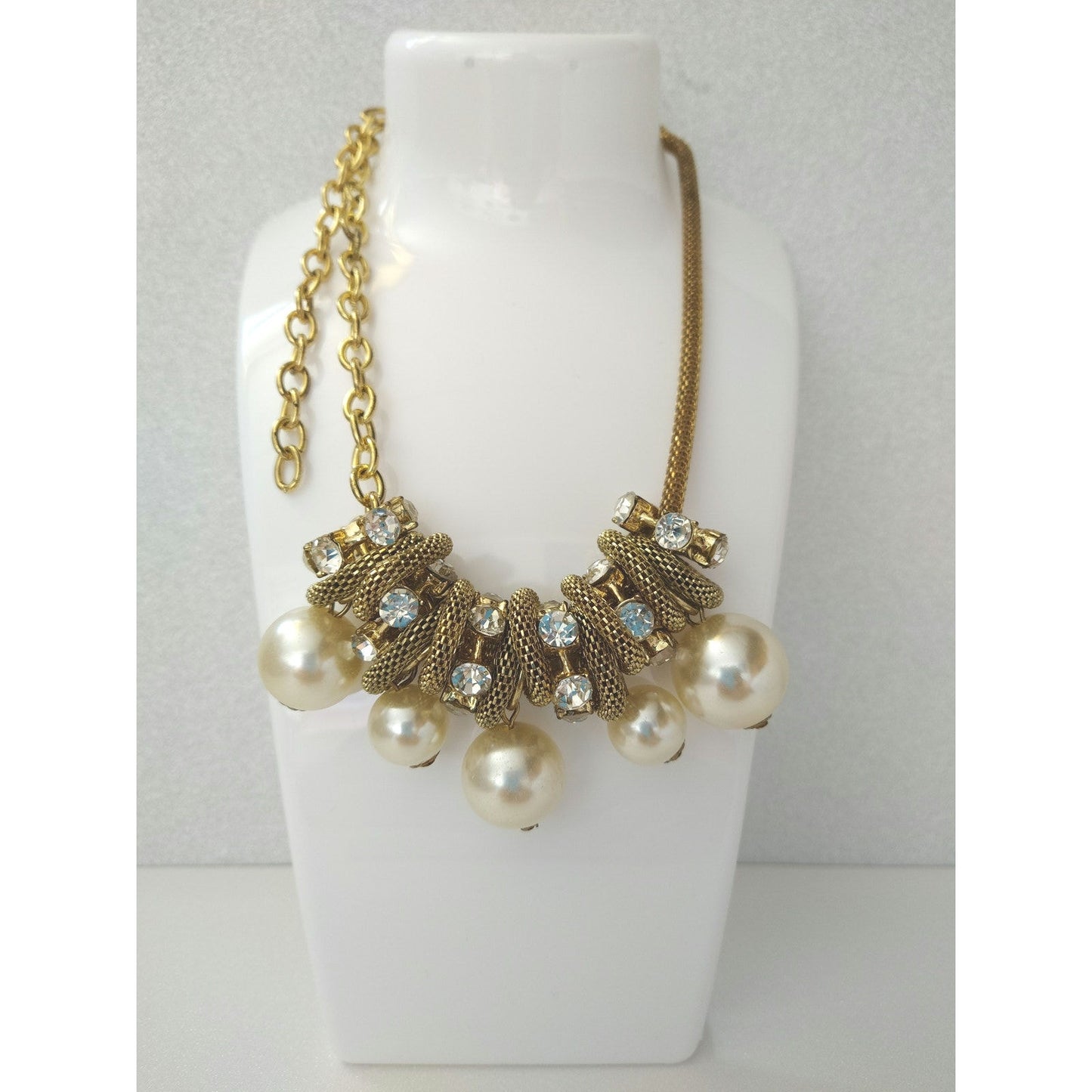 Vintage Statement Necklace Faux Pearls & Rhinestones Gold Tone Adjustable