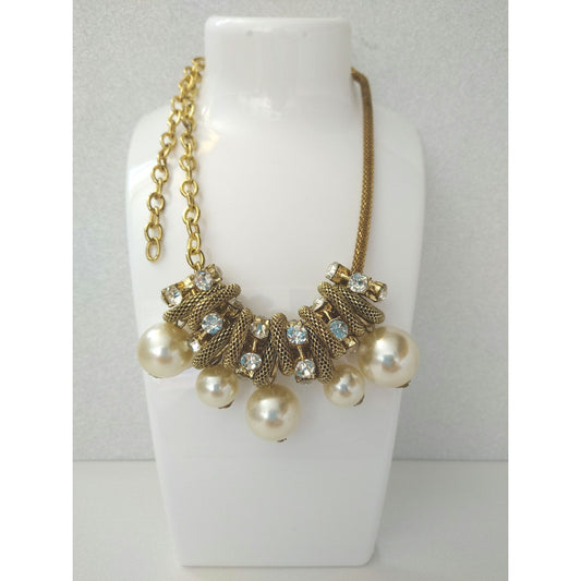 Vintage Statement Necklace Faux Pearls & Rhinestones Gold Tone Adjustable