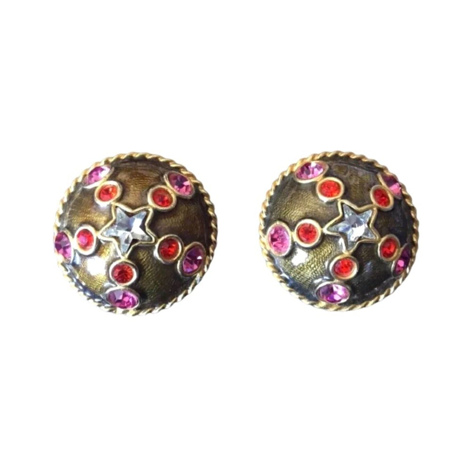 Vintage Gerard Yosca Button Earrings Gold Plated Enamel Crystals Clip On