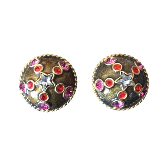 Vintage Gerard Yosca Button Earrings Gold Plated Enamel Crystals Clip On