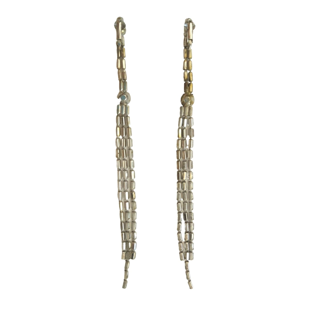 Vintage Rhinestones Triple Long Tassel Drop Earrings Silver Tone Clip On