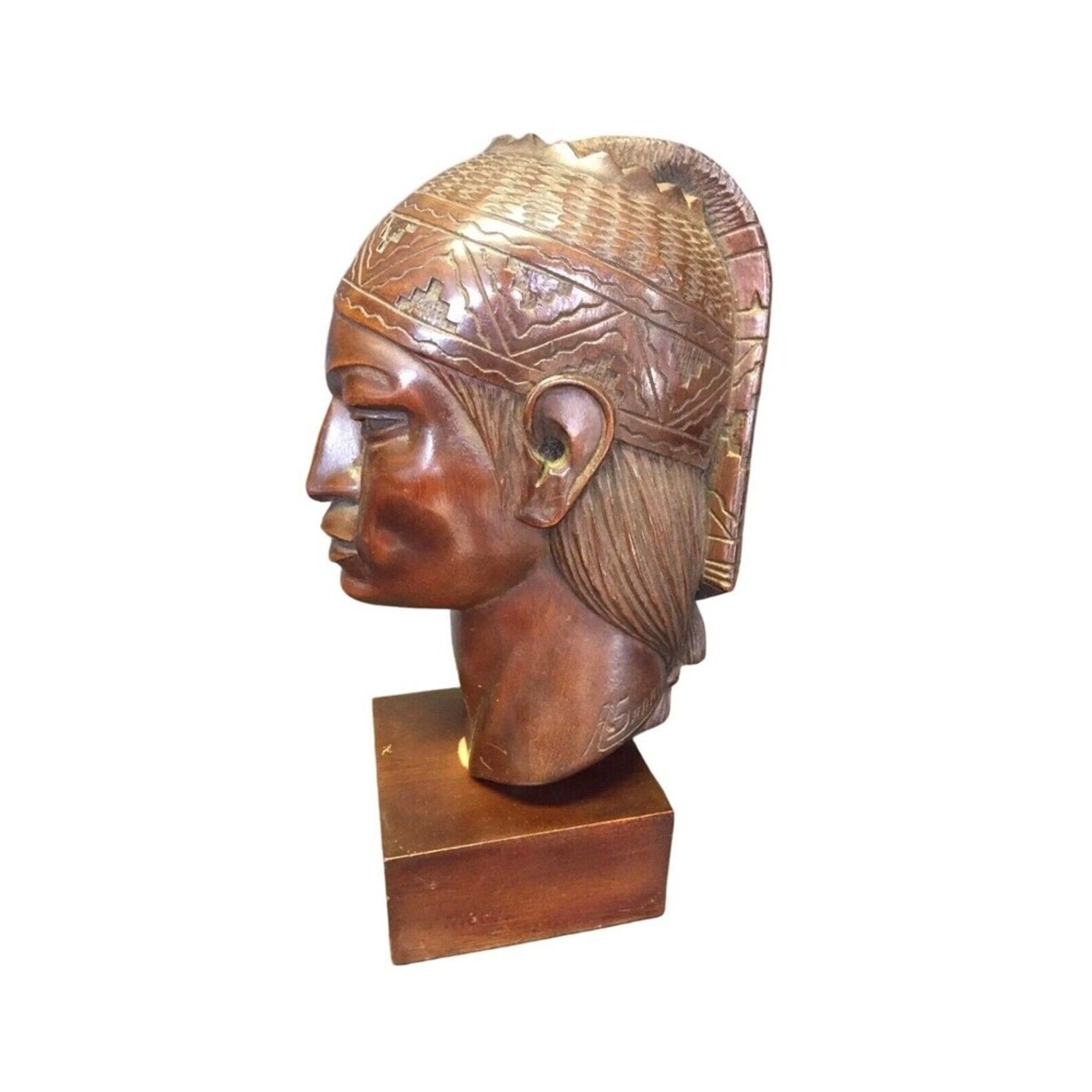 Antique Inca Warrior Statue Sculpture A. Saravia Peru Mahogany Wood Carving 1960