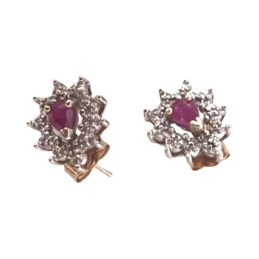 10K White Yellow Gold Genuine Ruby & Diamond Stud Earrings Screw Back Vintage