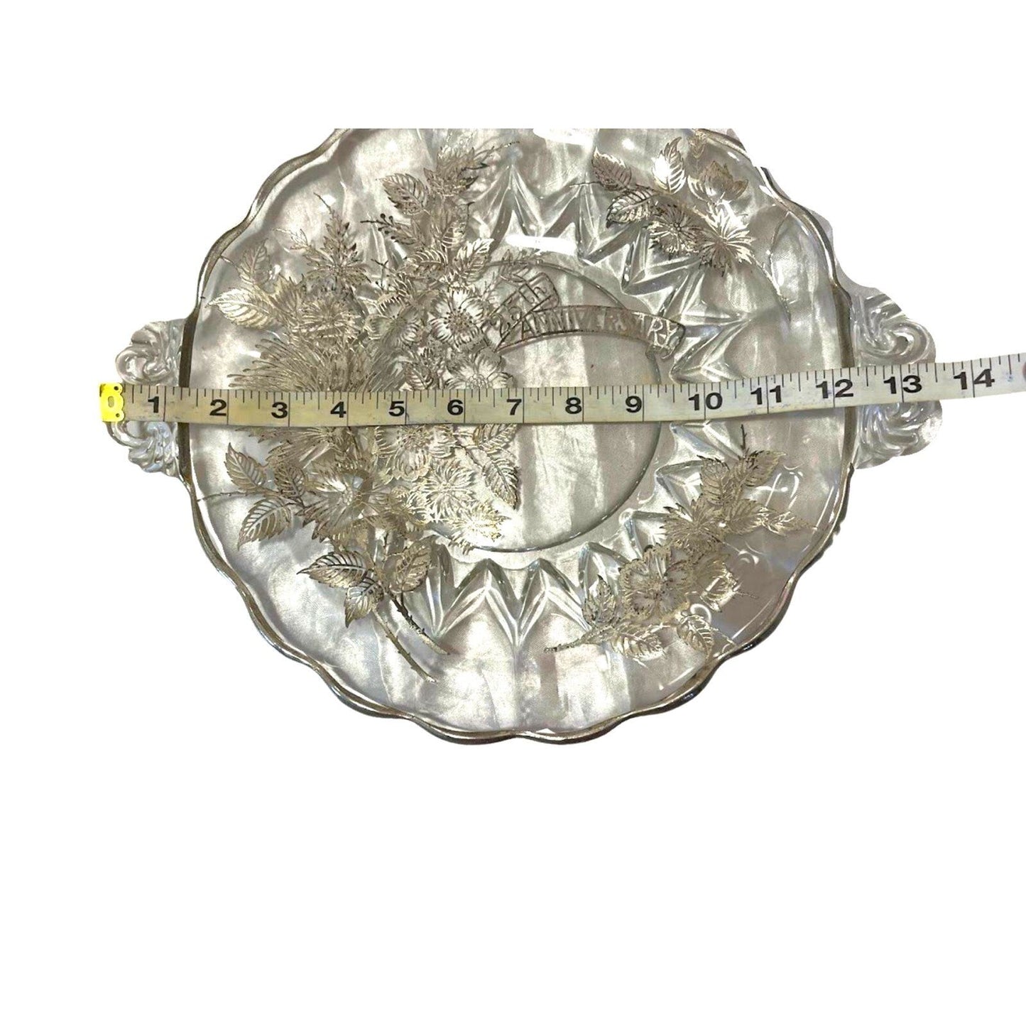 Vintage Serving Dish Platter Tray Crystal Glass Round Ornate Flower with Handles