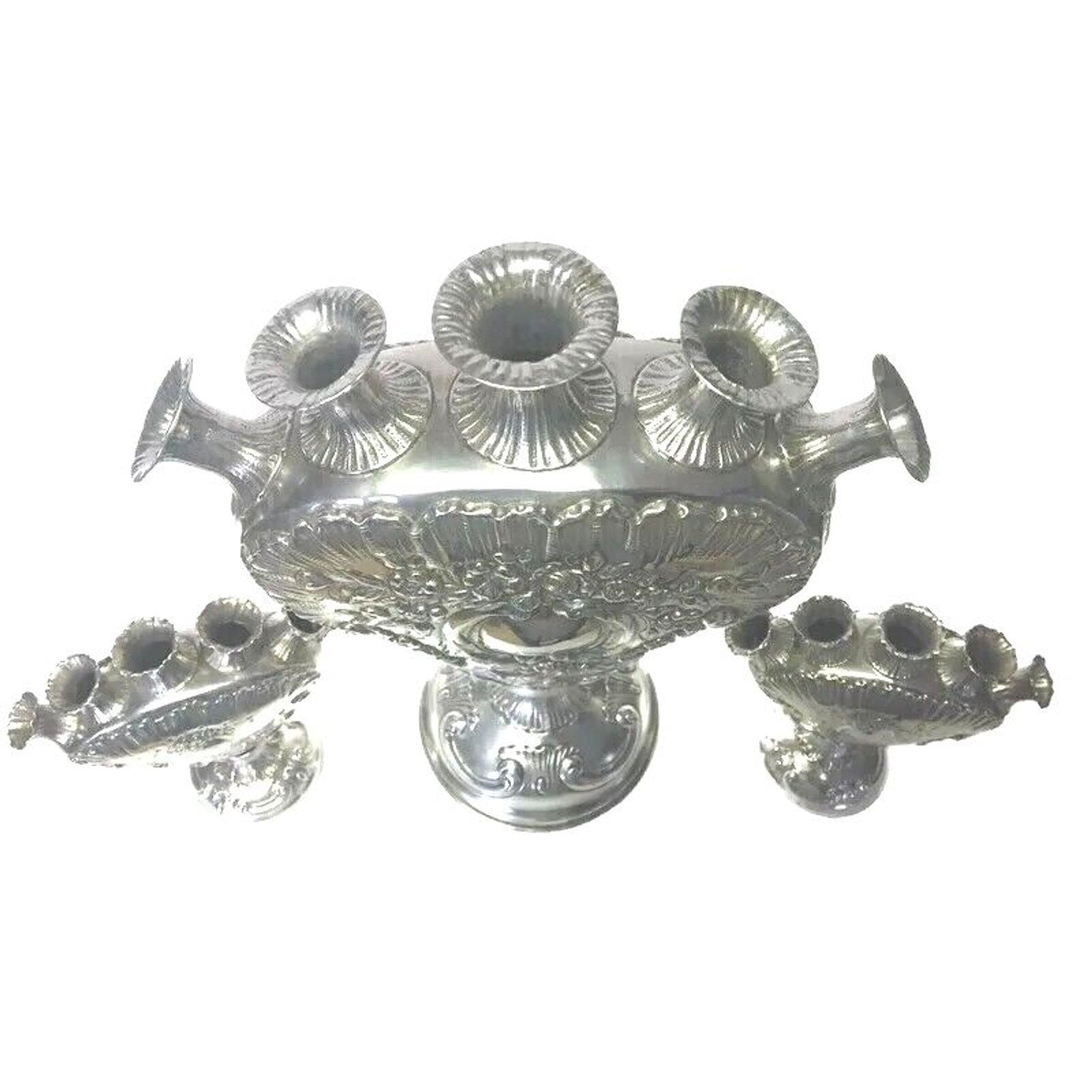 Rare Antique Set of 3 Ornate Rose Vases - Hanau Silver German Rococo 1800s