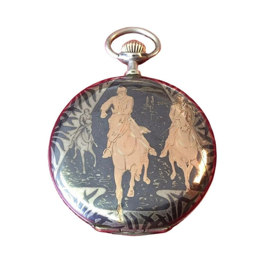 Antique Pocket Watch Eterna Niello Tula Silver Rose Gold Signed