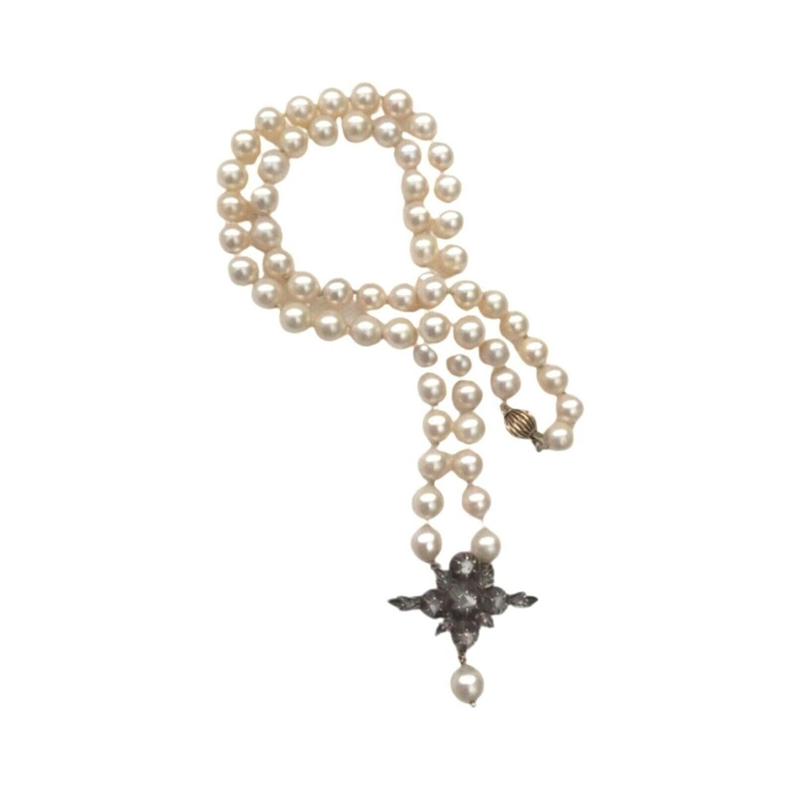 Antique Natural Pearl Necklace Rose Cut Diamonds 14K Gold Silver Victorian 1880s