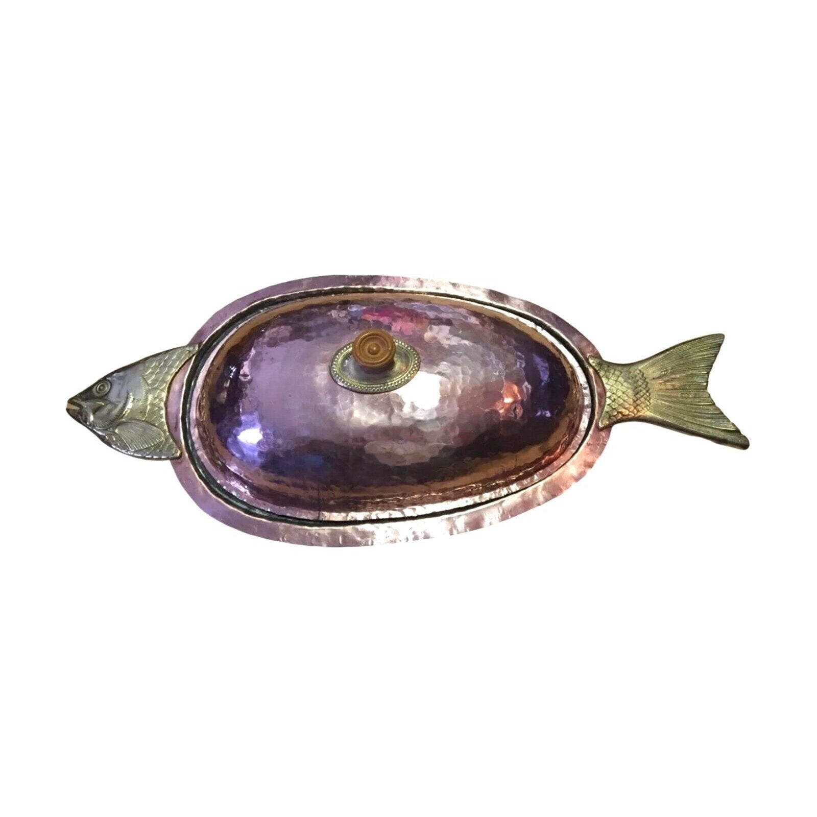 Antique Serving Dish Platter Cooking Lid Fish Seafood Oval Hammered Copper Brass