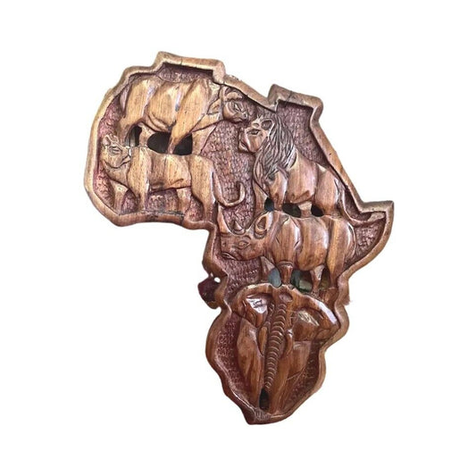 African Hand Wood Carving Elephant Lion Rhino Water Buffalo Plaque 24x19