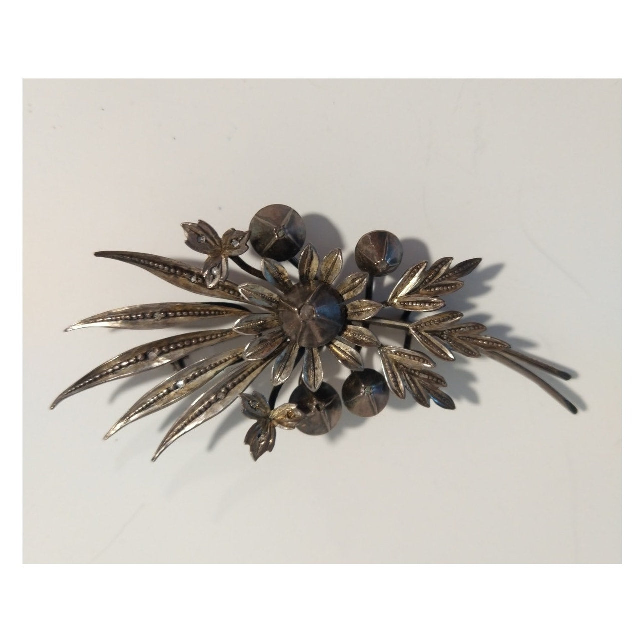 Victorian Antique Austrian Branch Brooch Ring Set Rose Cut Diamond Silver Leaf