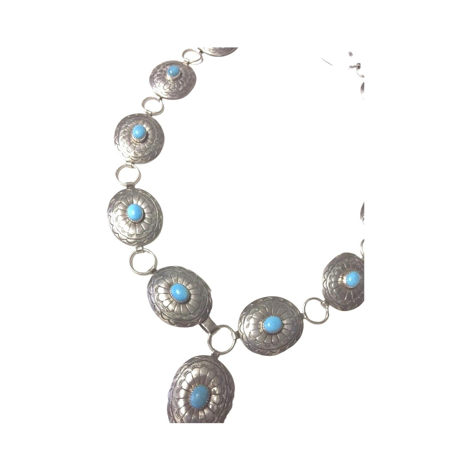 Belt Necklace Vintage Navajo Native Indian Oval Blue Turquoise Sterling Silver