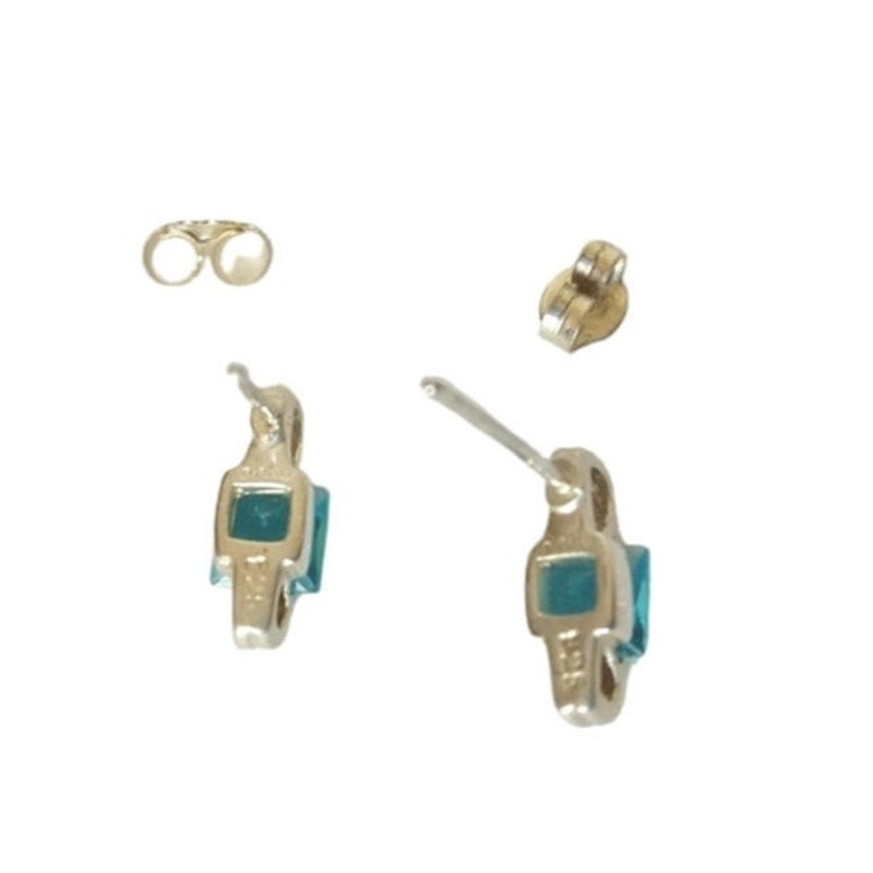 Anka Princess Cut Blue Aquamarine Stud Earrings Sterling Silver 925 Screw Back