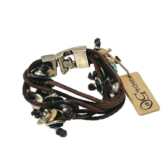 Uno de 50 Unisex Bracelet Silver Brown Leather With Charms Men's Women's Spain