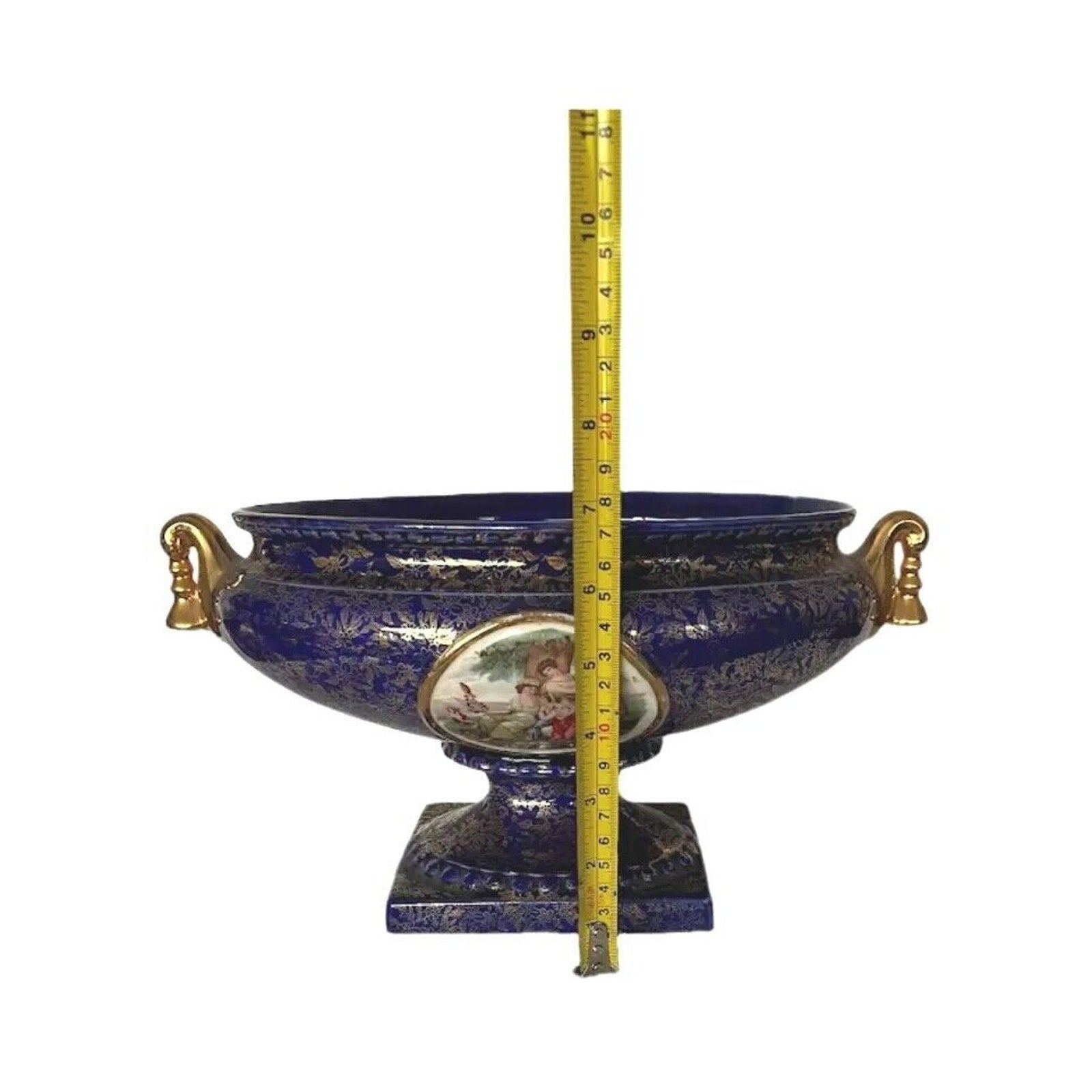 Vintage Cobalt Blue Gold Porcelain Centerpiece Bowl Vase England Victorian Scene