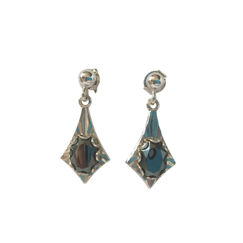 Oval Cut Faceted Hematite Dangle Earrings Sterling Silver 925 VM Designer Signed
