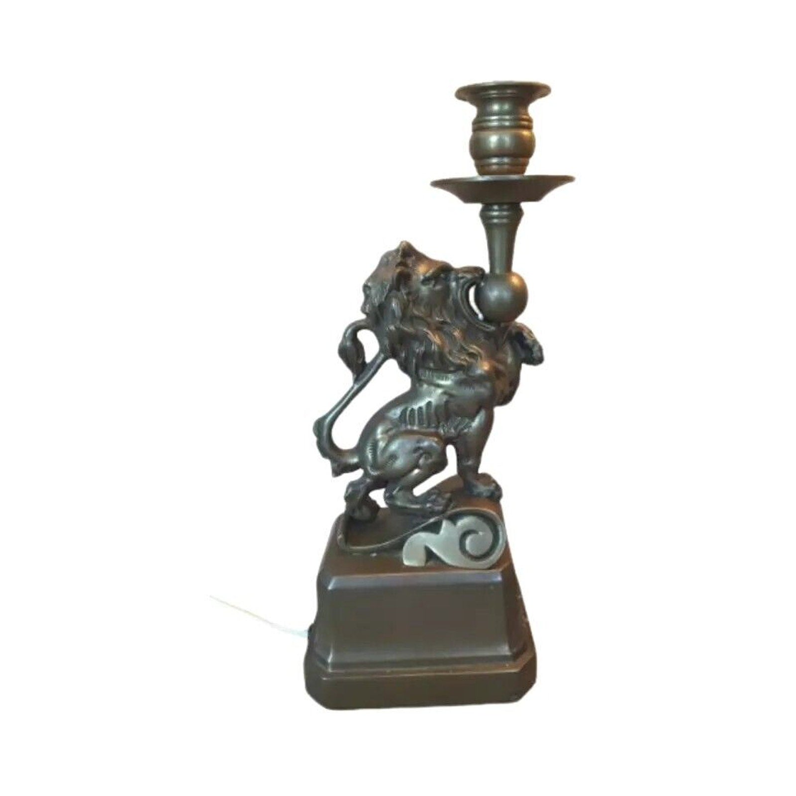 Art Deco French Table Lamp Brass Figural Prancing Lions Candelabra Black Shades