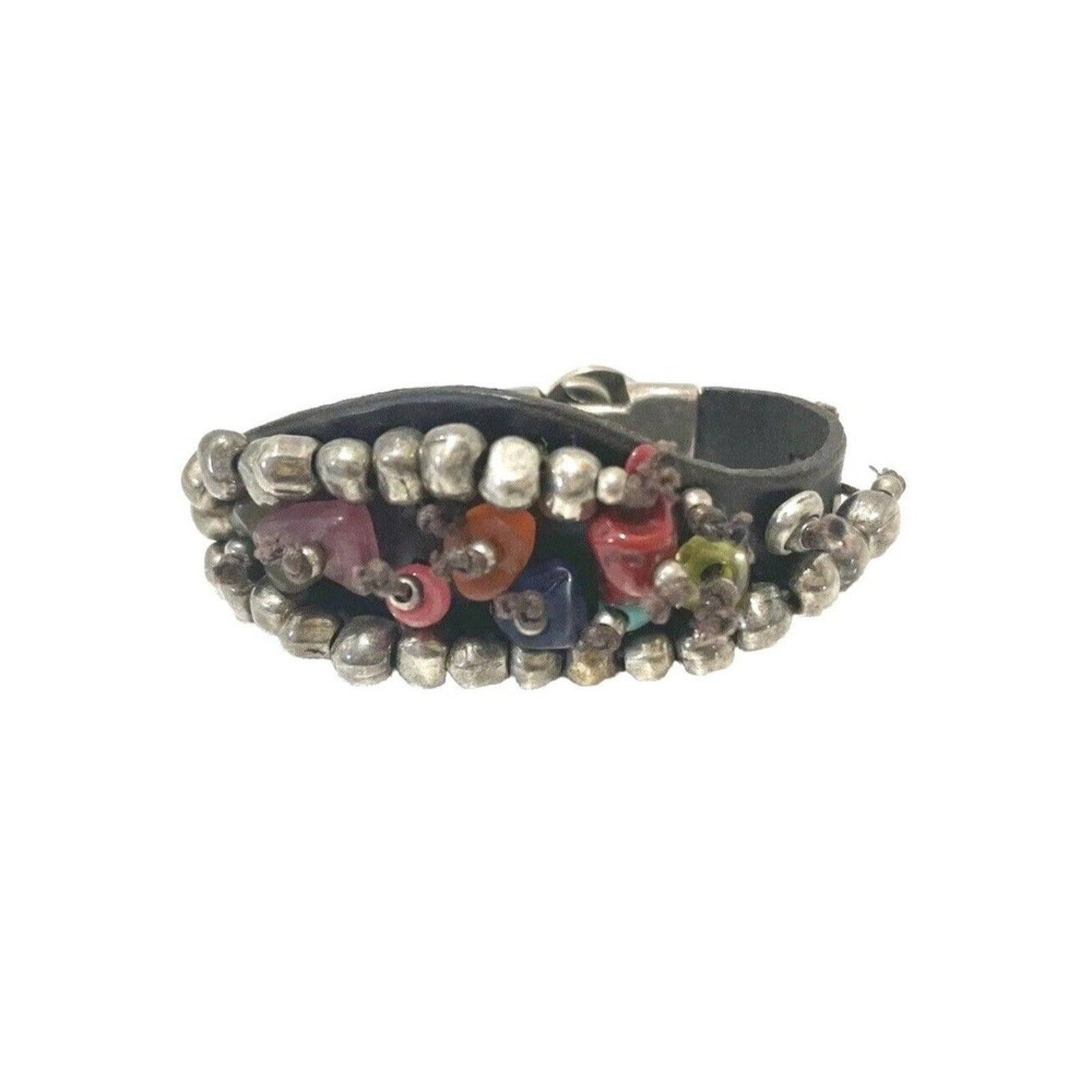 Uno De 50 Bracelet Gemstones Silver Beaded Brown Leather Unisex Men's Women's