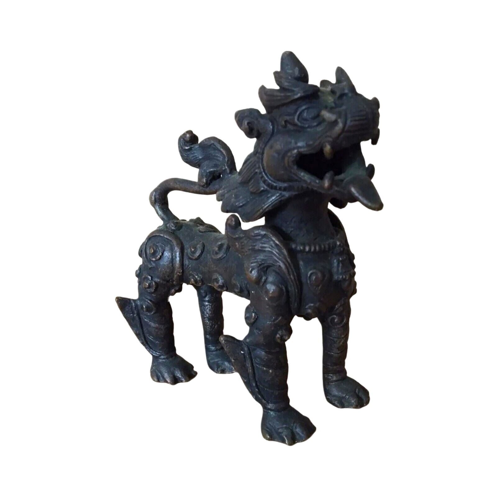 Antique Tibetan Kylie Foo Dog Bronze Art Sculpture Figurine Temple Guardian