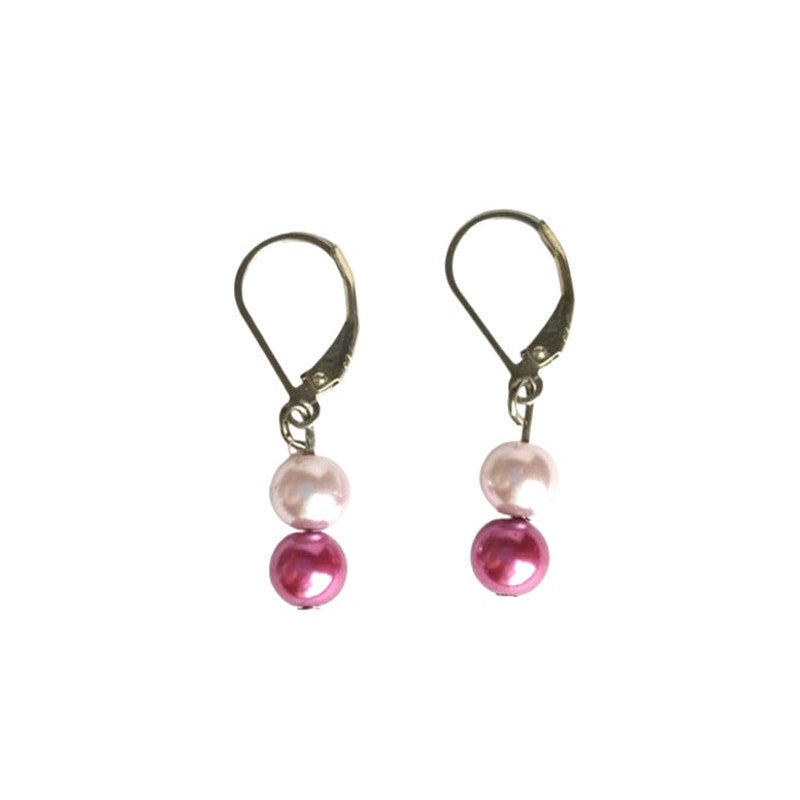 Light & Dark Pink Faux Pearl Dangle Earrings Sterling Silver 925 Lever Back