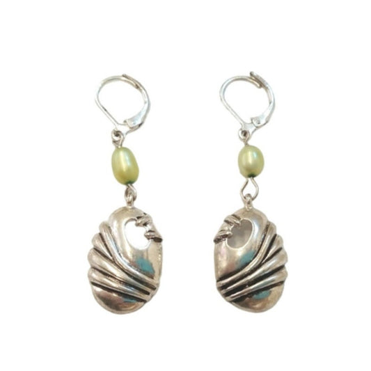 Vintage Oval Pearly Green Bead Dangle Earrings Sterling Silver Plated Lever Back