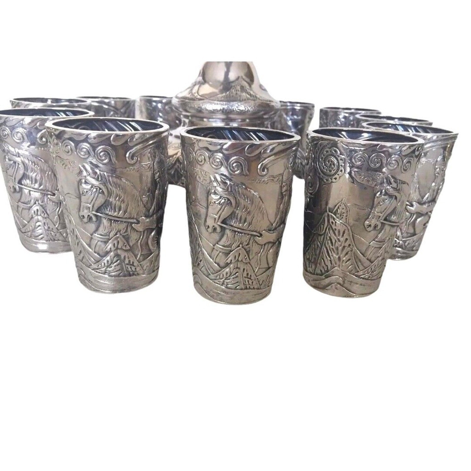 Antique Faberge Wine Horn Form Urn 12 Beakers Set 84 Silver Russian 1890s Set