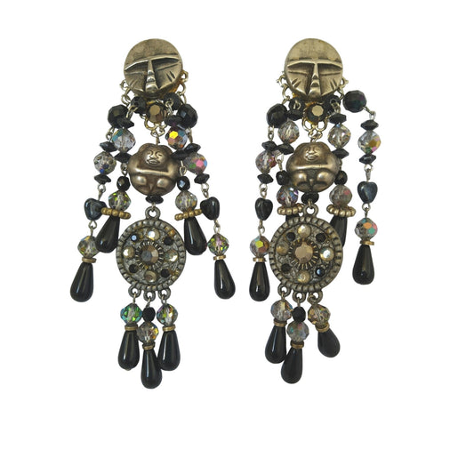 Vintage Chandelier Earrings - Black Clear Rhinestones Crystals Buddhist Clip In