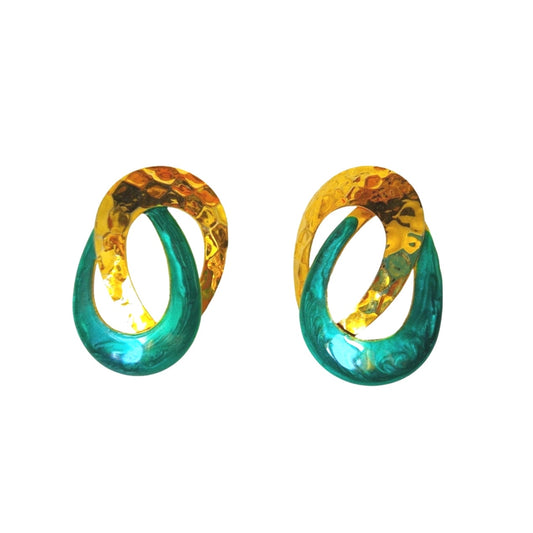 Vintage 80s Swirl Green Enamel Yellow Gold Plated Dangle Earrings Post Screw