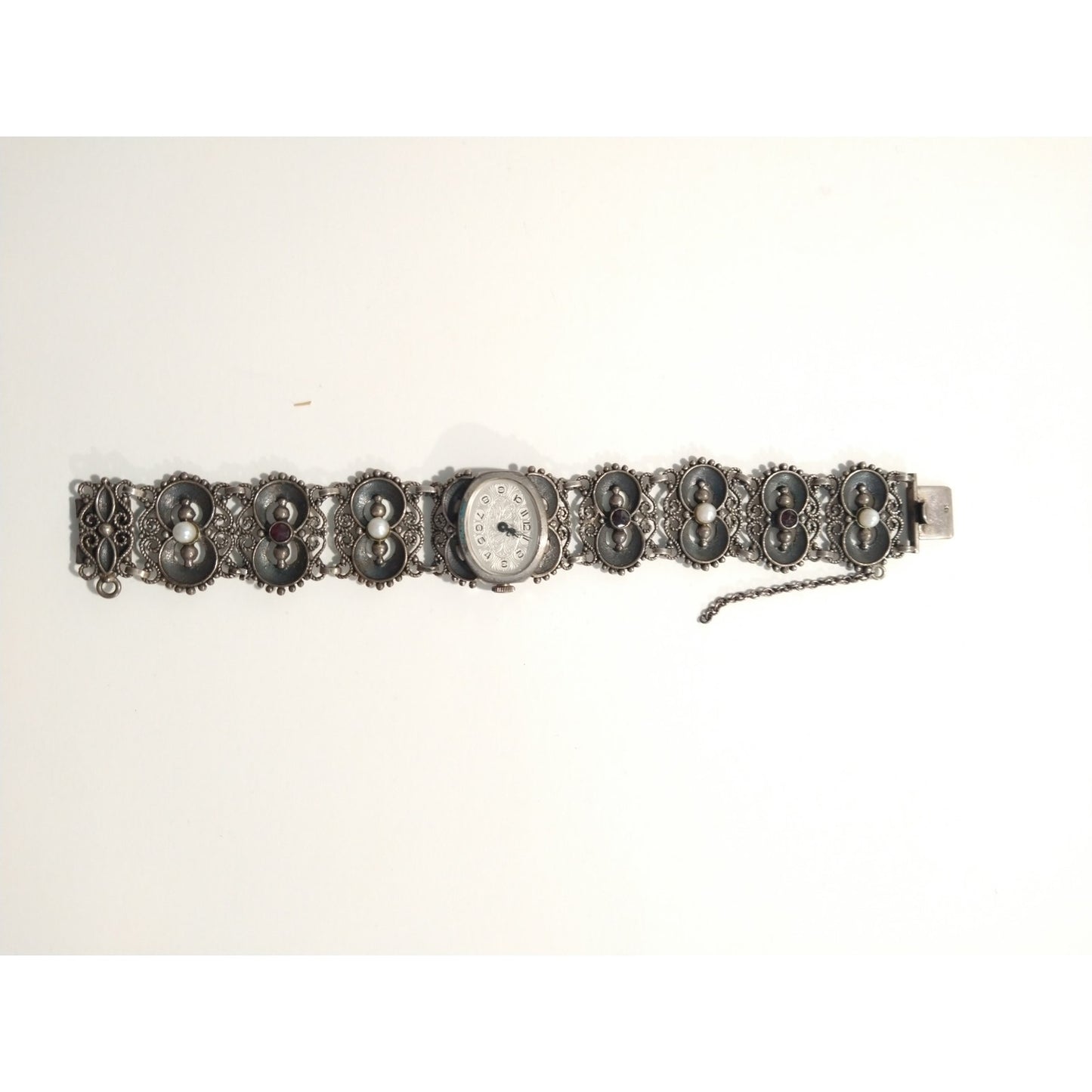 Antique Women`s Wrist Watch Bergland Filigree Sterling Silver Pearls Garnets