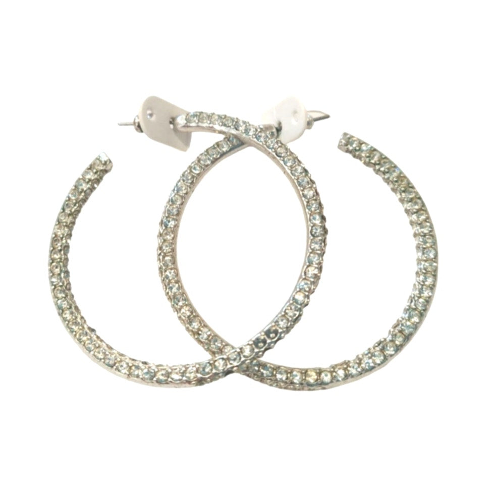 Vintage Paved Clear Rhinestones Big Hoop Earrings Sterling Silver Plated