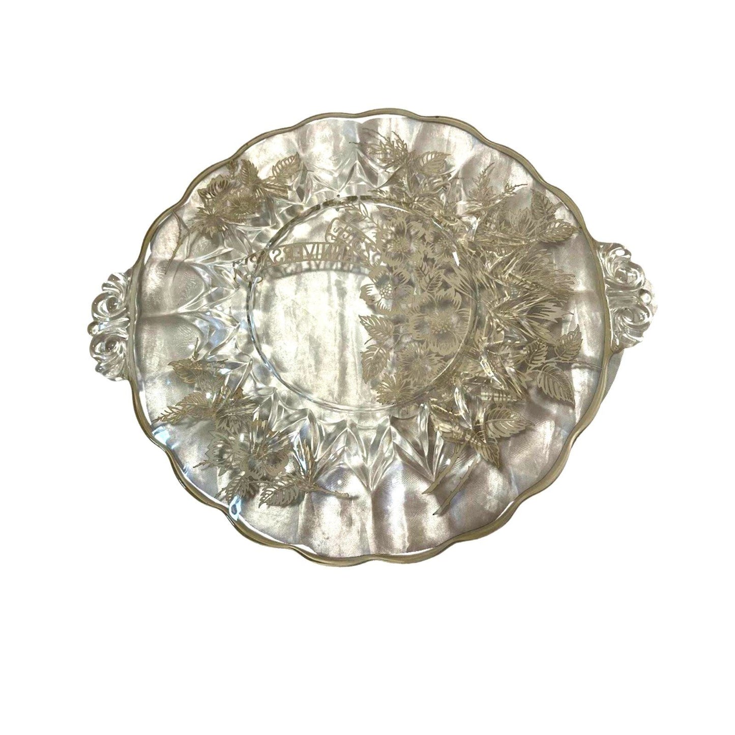 Vintage Serving Dish Platter Tray Crystal Glass Round Ornate Flower with Handles