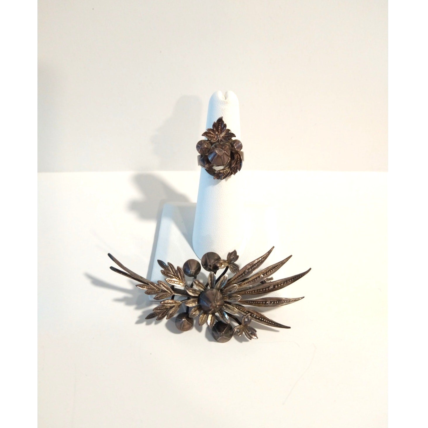 Victorian Antique Austrian Branch Brooch Ring Set Rose Cut Diamond Silver Leaf