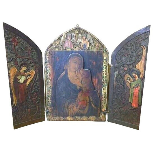 Antique Russian Christian Orthodox Triptych Icon Mother Virgin Madonna Jesus